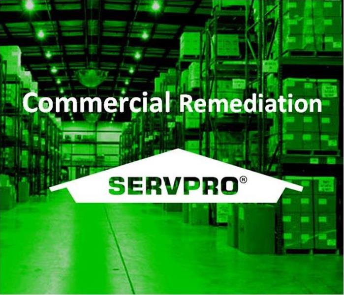 Image of a warehouse with SERVPRO Logo and text, Commercial Remediatio